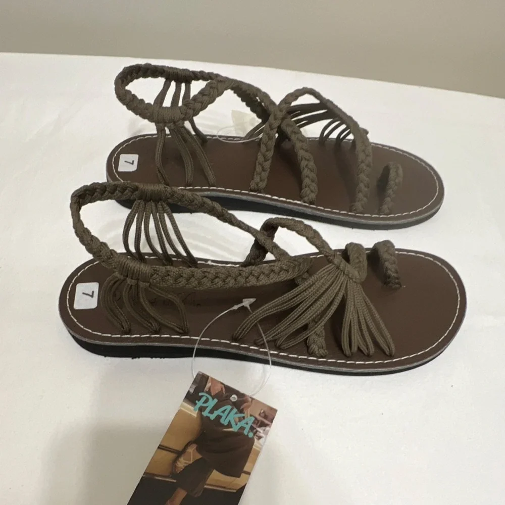 Plaka Strappy Sandals Women Size 7 Brown Braided Boho Chic Style‎ Casual